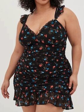 torrid Black Floral Ruched Chemise with Blue and Red Print